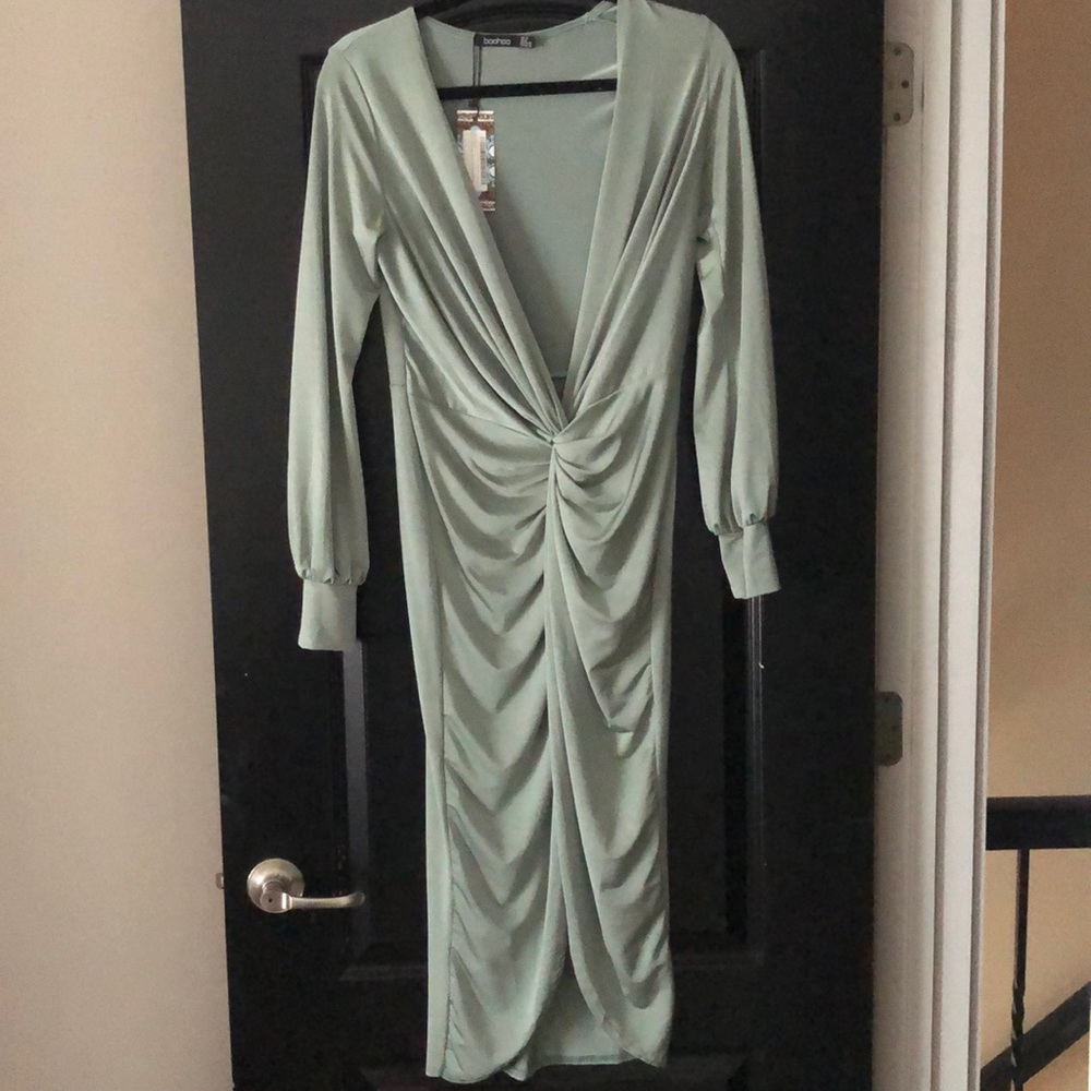 Sage colored Twist front plunge slinky midi dress